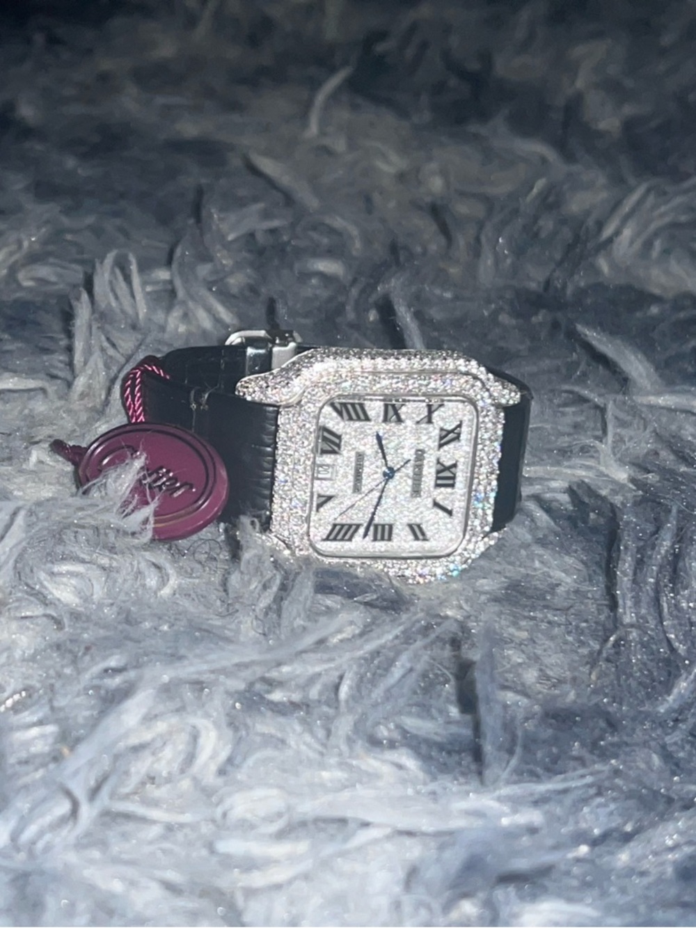 Cartier Silver Diamond Square Dial Watch with Black Strap